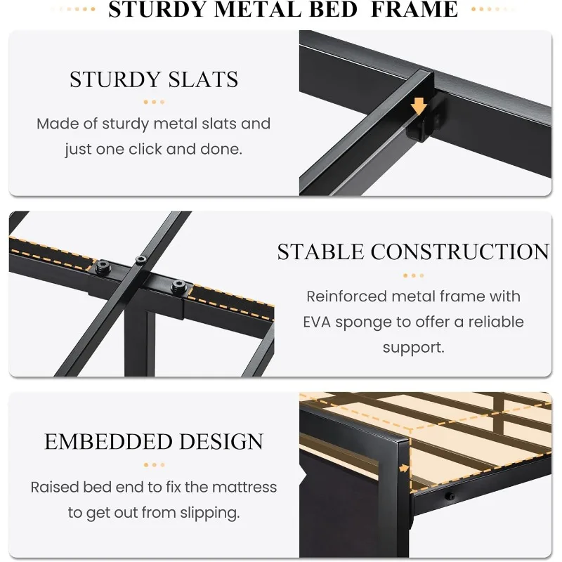 Cadre de lit en métal avec bois moderne, plate-forme robuste, planche de pied carrée, 13 supports de lattes en métal robustes, sans ressort de boîte