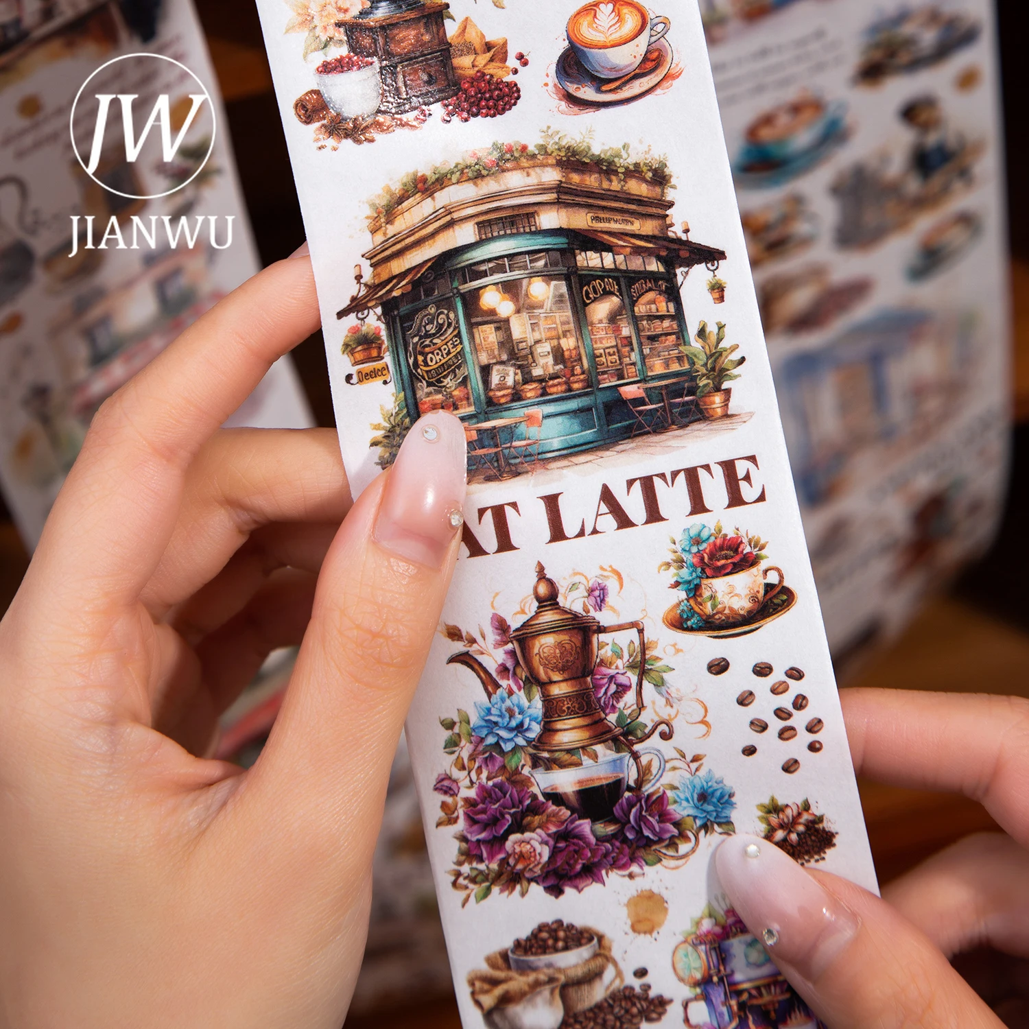 JIANWU 60mm*200cm Coffee Check-in Diary Series Vintage Flower Landscape Decor Washi Tape Creative DIY Journal Collage Stationery