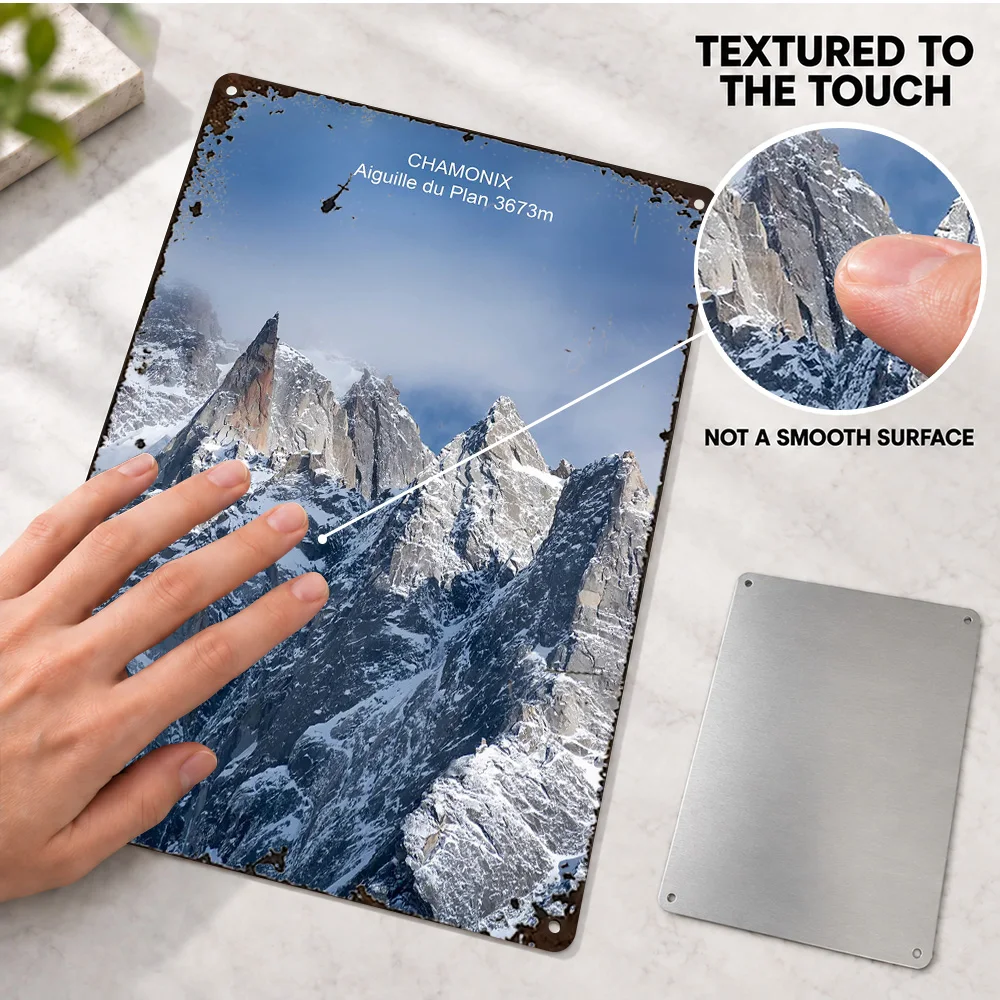 Aiguille Du Plan Mountain Textured Metal Poster Customized Aluminum Sign Photography Wall Art For Holiday Rental Living Room