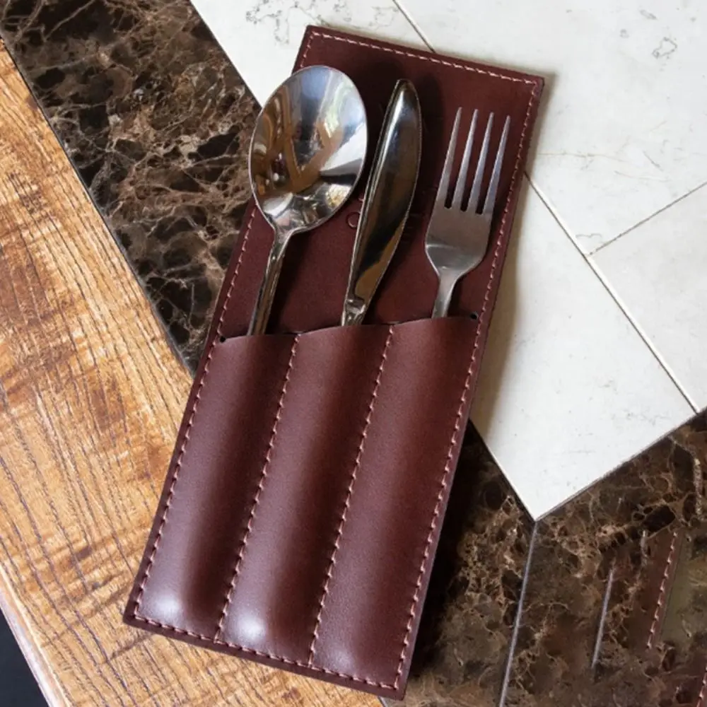 PU Leather Cutlery Storage Bag 3 Pocket Multi-functional Utensil Storage Pouch Simple Design Leakproof Forks Spoons Organizer
