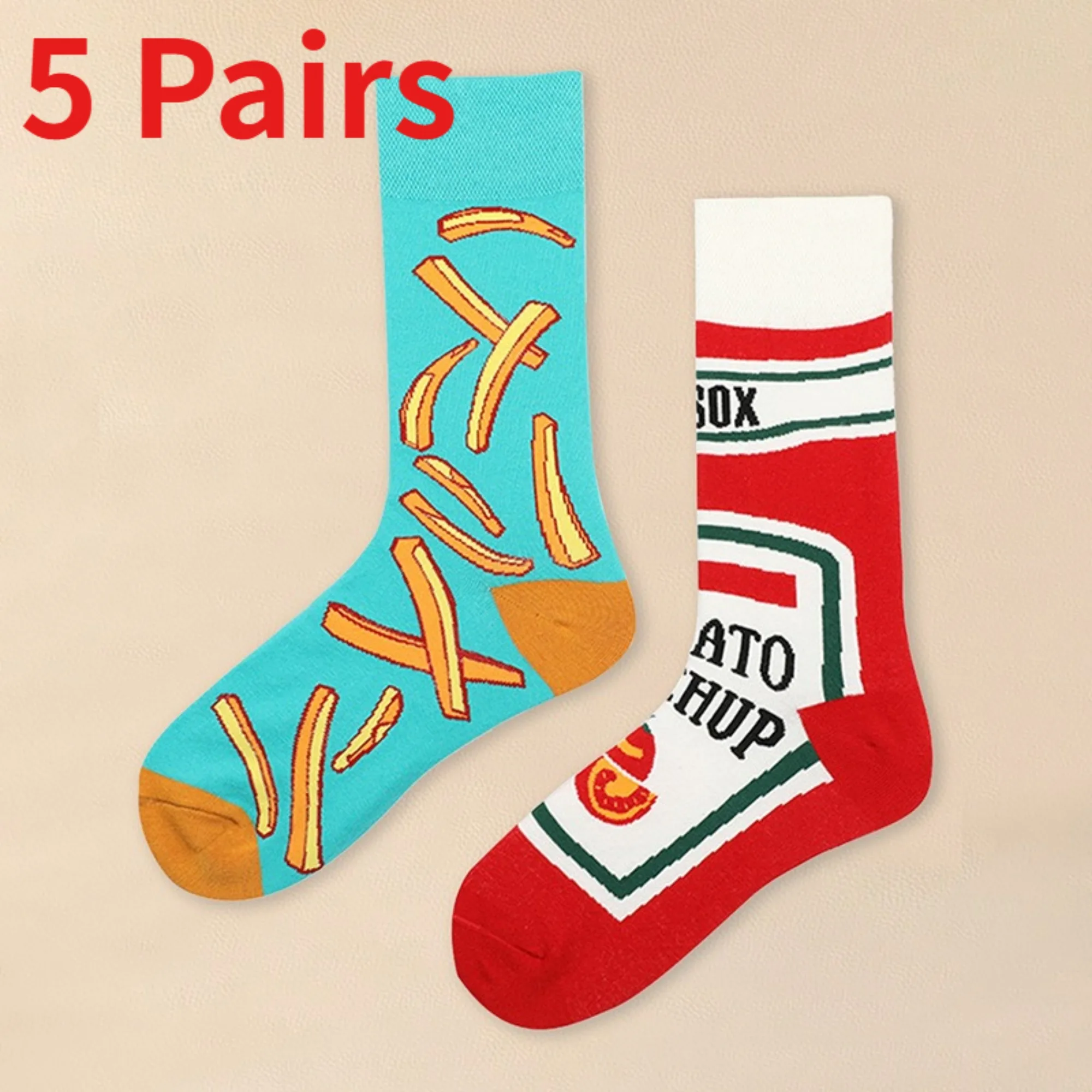 1/5Pairs Funny Tomato Fries Pattern Mid‑Calf Socks Novelty Food Design Casual Socks Unisex Personality Fashion Street Crew Socks