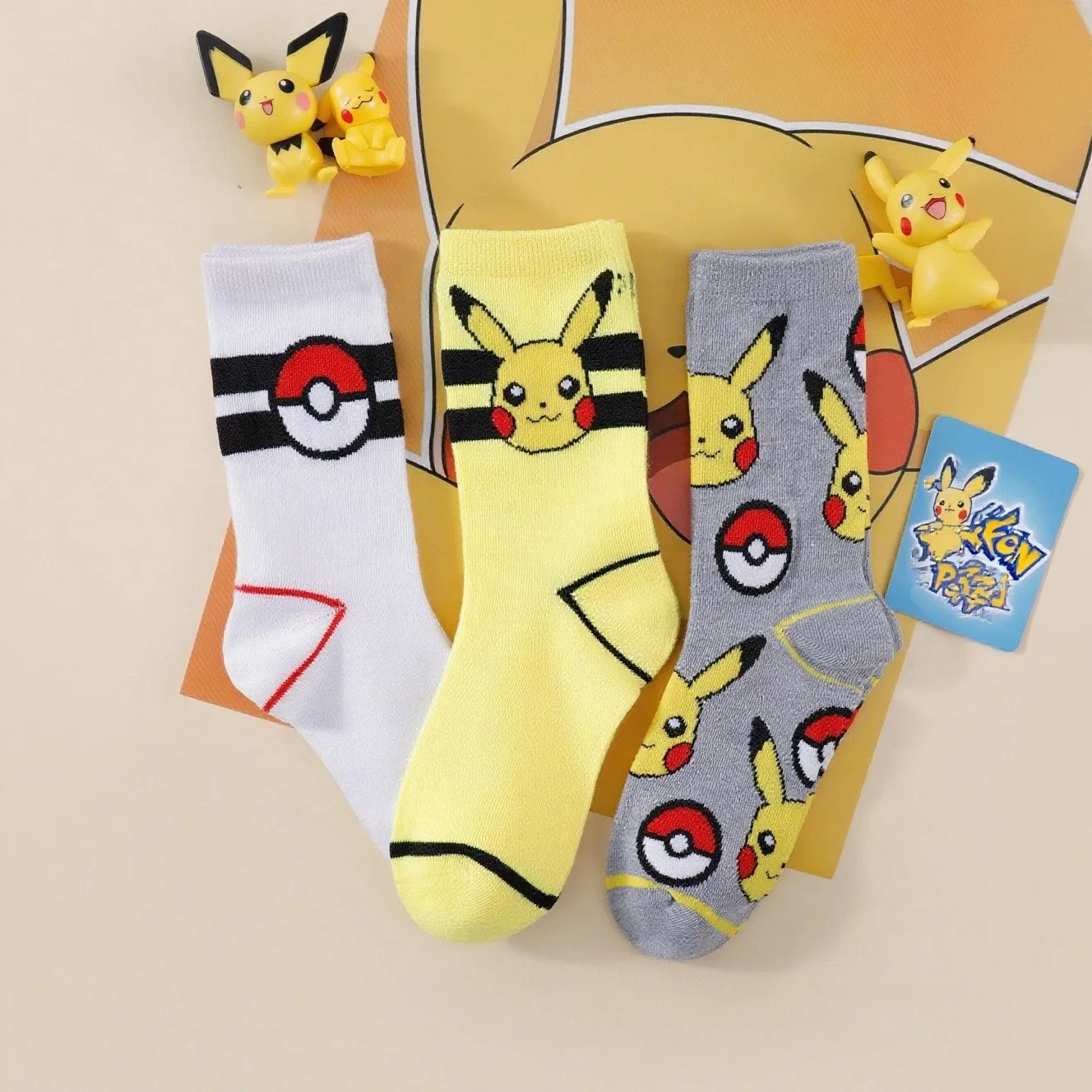 3 Paar japanische Cartoon-Pokémon-Socken für Damen, Anime-Elfen-Trendsocken, lustige und niedliche Pokémon-Pikachu-Mittellange Socken – Detail 2