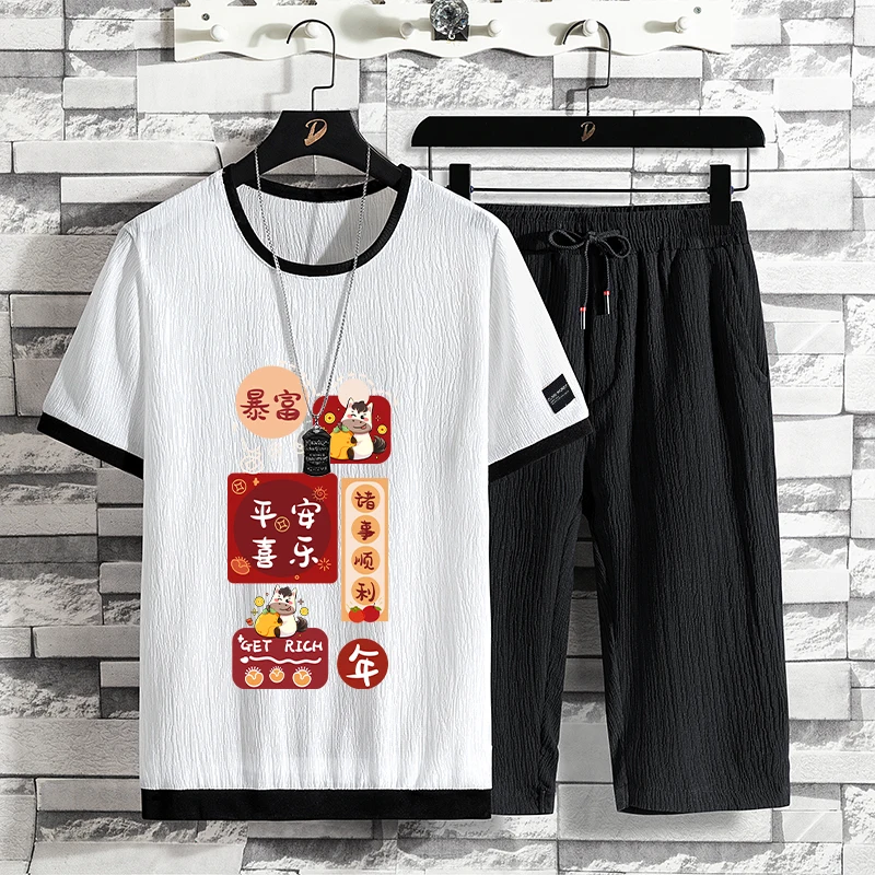 Conjunto Masculino de Camiseta de Seda Gelada Solta de Manga Curta e Calça Capri Esportiva Casual de Secagem Rápida em Fibra de Poliéster para o Verão