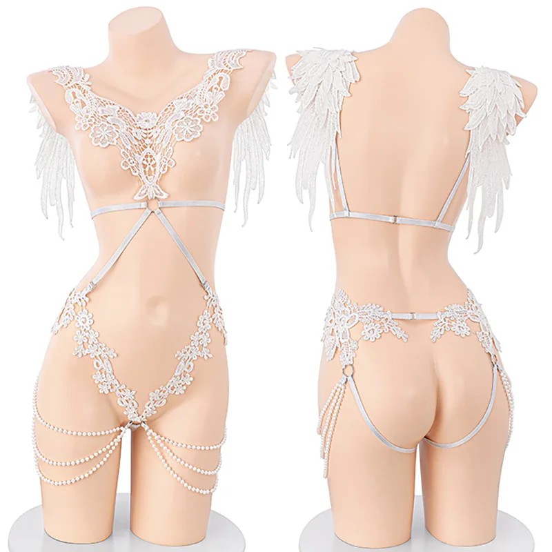 

City Lord Castle Queen Cosplay Costume Sexy Lace Bodysuit Angel Wings Beads Outfit Role Play Lingerie Christmas Gift