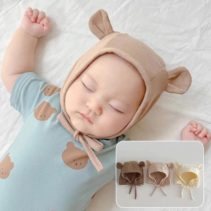 

Spring Autumn Baby Ear Protection Hat Solid Cotton Pullover Cap 0-1Year Bebe Sleep Headgear Bonnet Cute Cartoon Children Beanies