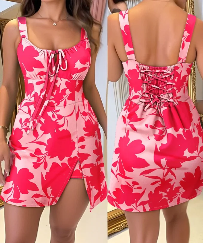 

Jumpsuit Women 2025 Summer New Fashion Floral Print Square Neck Thick Strap Tied Detail Shirred Casual Backless Slim Fit Romper