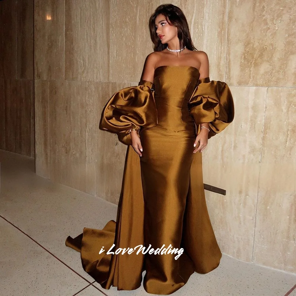 Gold Strapless Evening Dresses 2025 Satin Puffy Sleeves Mermaid Floor-Length Sweep Train Pleated Wedding Party Dress Customized