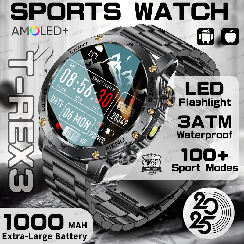 

2025 Outdoor NEW Military Explorer T-Rex 3 1000mAh Battery Smart Watch LED Flashlight IP69K Waterproof GPS HD Talk Sports Watch