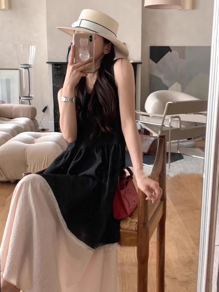 فستان نسائي أنيق بتصميم كلاسيكي وياقة على شكل V بدون أكمام، تنورة طويلة أنيقة للعطلات بتصميم كوري فضفاض يبرز الخصر #2