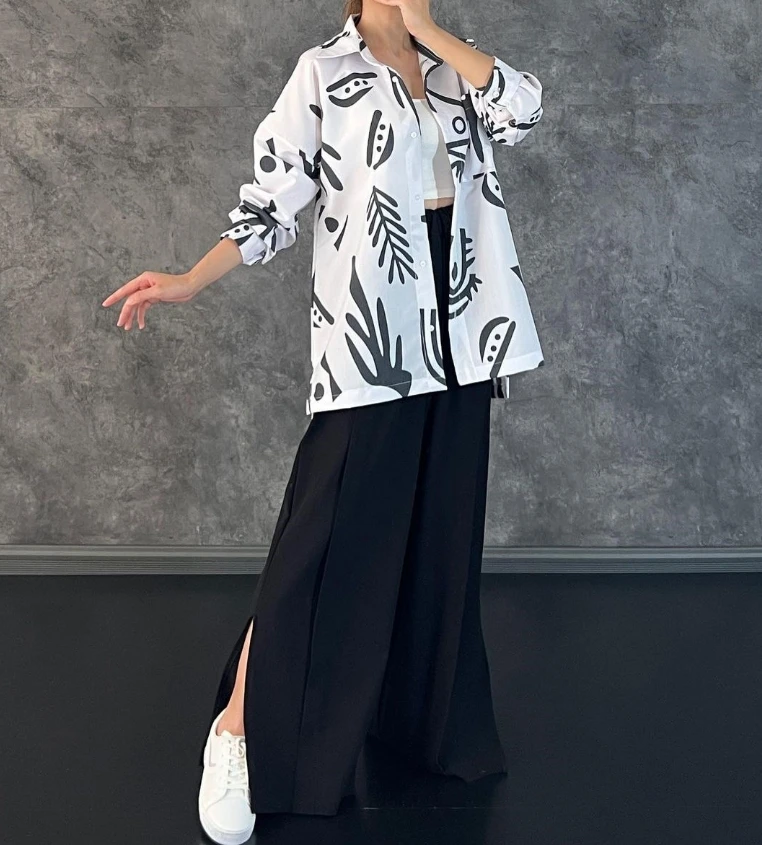 Vivid Girl Casual Long Sleeved Printed Shirt and High Waisted Split Wide Leg Pants Set for Quick Hair