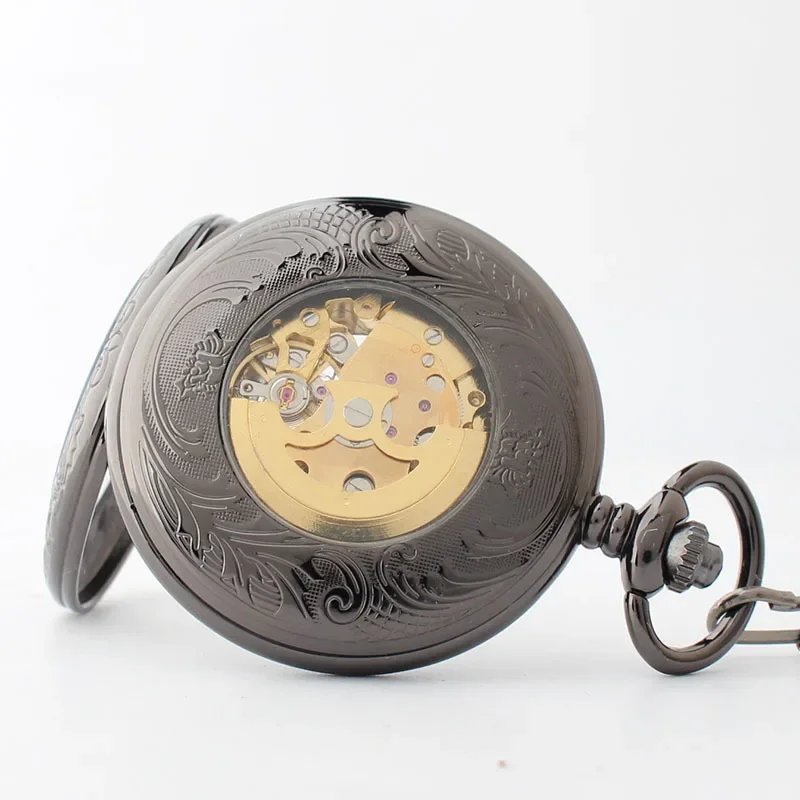 Relojes de bolsillo de moda, reloj mecánico automático, esqueleto Steampunk, cadena Fob, negro