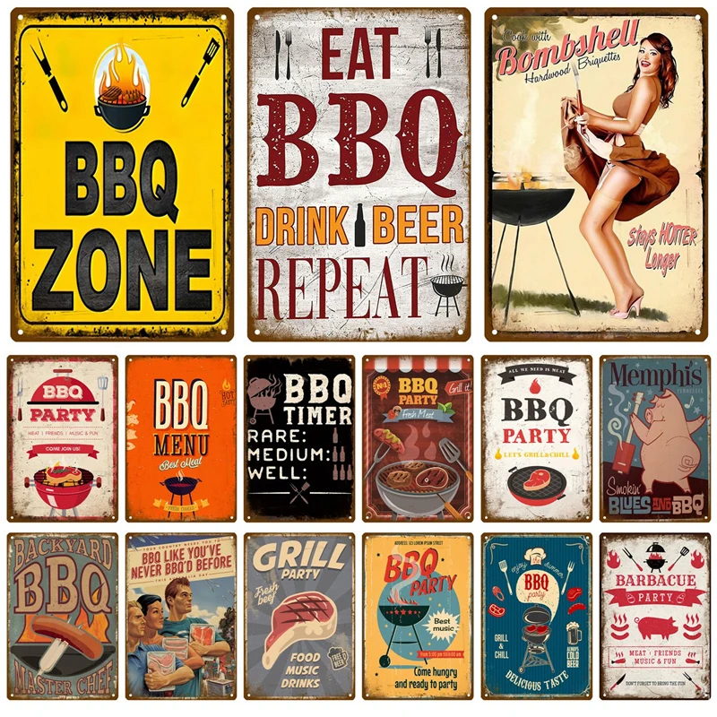 BBQ Zone Metal Sign Vintage Tin Sign Dad`s BBQ Yard Outdoor Party Decoration Plate Retro Barbecue Rules Slogan Decor Accessories