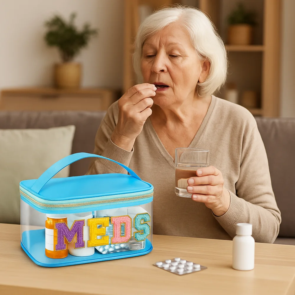 

Waterproof Embroidery Cosmetic Bag Letter Patches Large Capacity Medicine Storage Bag with Handle Portable