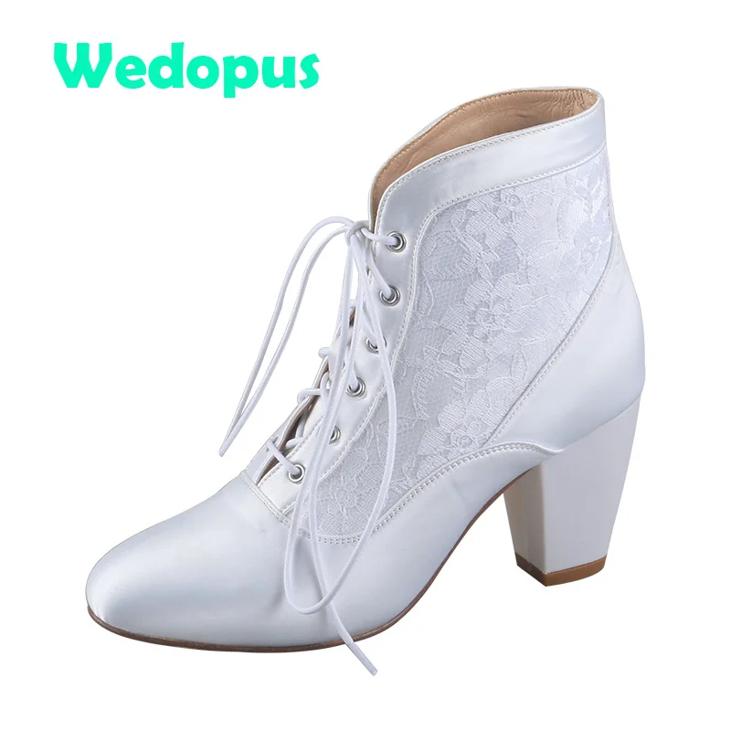 Wedopus Customized Chunky Heel Wedding Boots Bride Lace Tie Boots for Wedding White Lace High Heels Boots