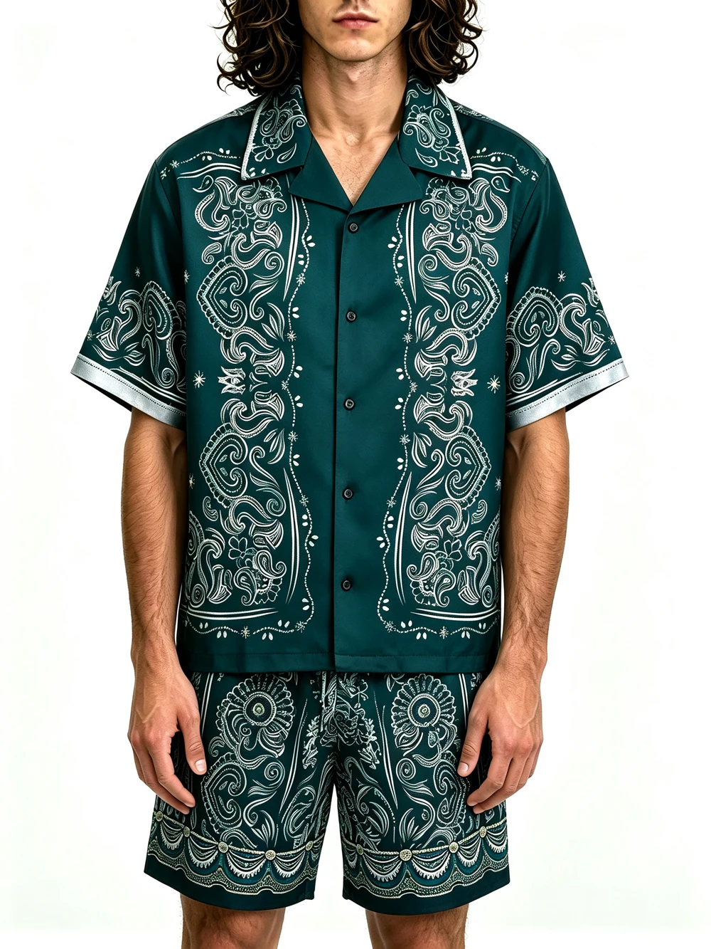 2026 Summer Lazy Men's Short-Sleeve 2-Piece Set with Irregular Line Pattern Print Shirt - Outdoor Party Casual Gift for Men