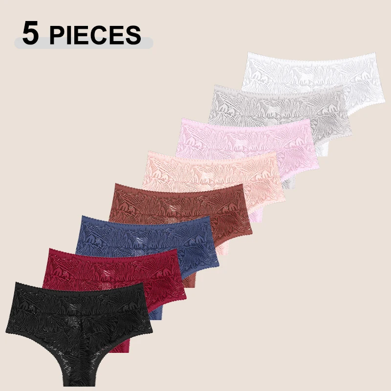 

5Pcs/Set Women's Lace High Rise Thongs Underwear Solid Color Breathable Transparent G-String Perspective Intimate Lingerie S-XXL