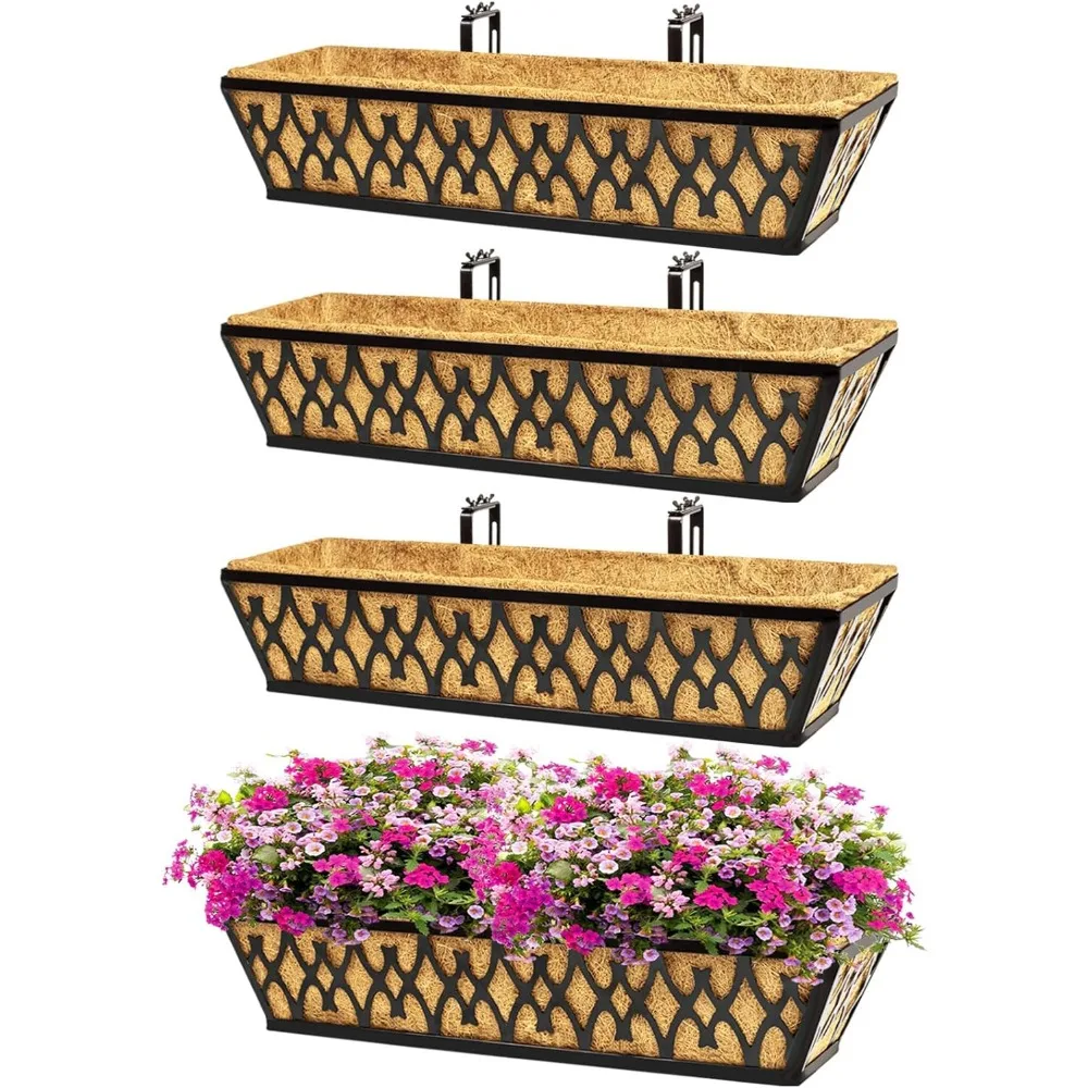 

4 Pack 24 Inch Window Box Planters with Adjustable Brackets for Outdoor Plants, Fence, Patio - Black