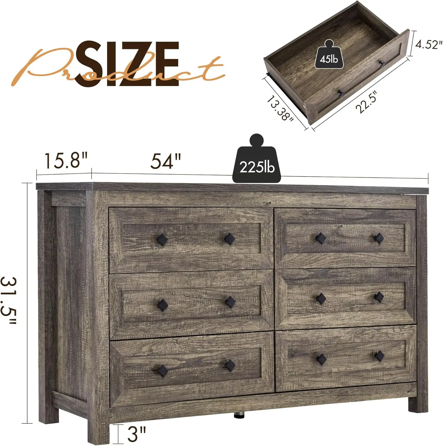 VanAcc 6 Drawer Double Dresser for Bedroom, Farmhouse Wood Chest of Drawers with Vintage Grain Texture, Drawer Dresser