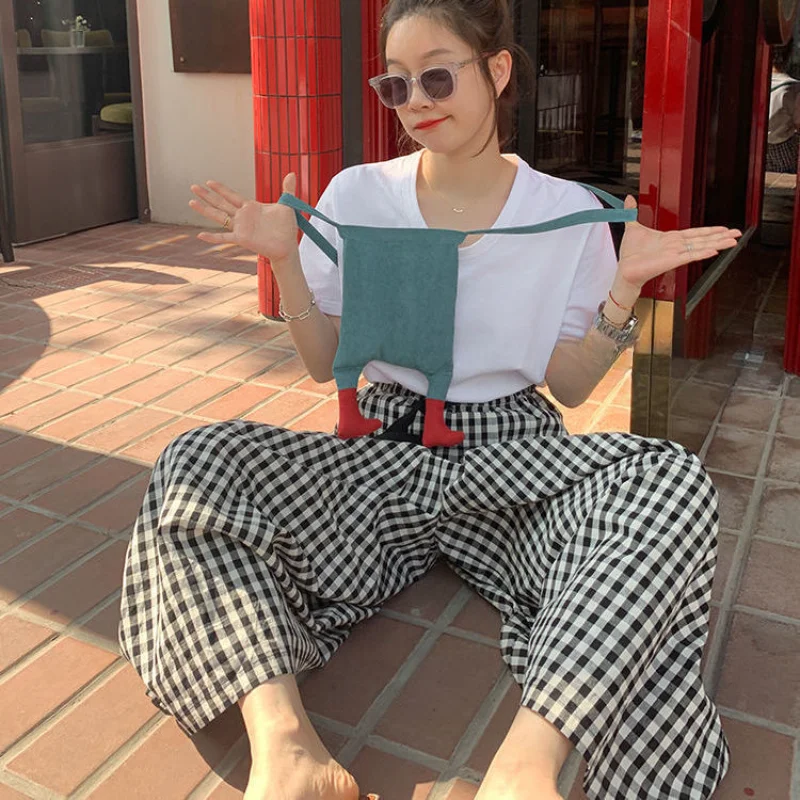 Plaid Wide-Legged Skirt Pants for Women Elastic High Waist Skinny Hundred Percent Loose Casual Pants Female Clothes Summer 2024