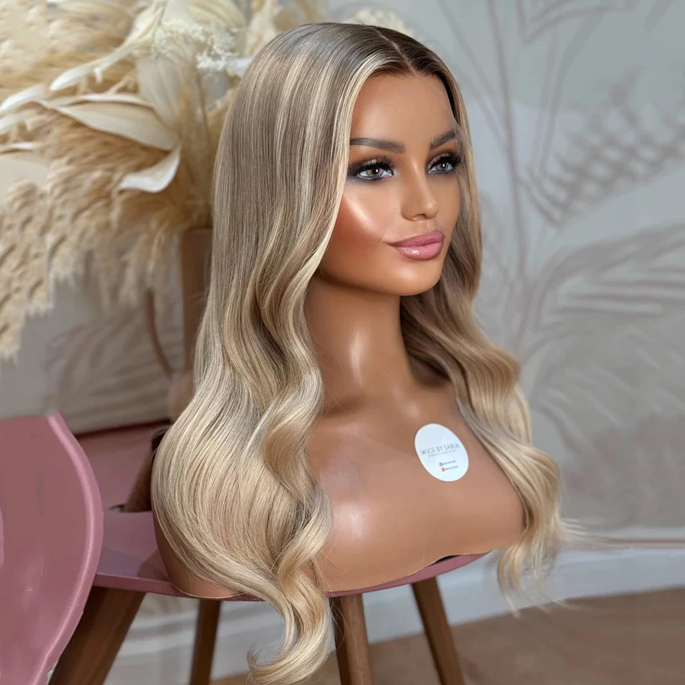 

Medium Ash Blonde Cool Cream Balayage Human Hair Wig Rooted Loose Wavy Full Lace Wig Virgin Brazillian Human Hair Hd Lace Wig