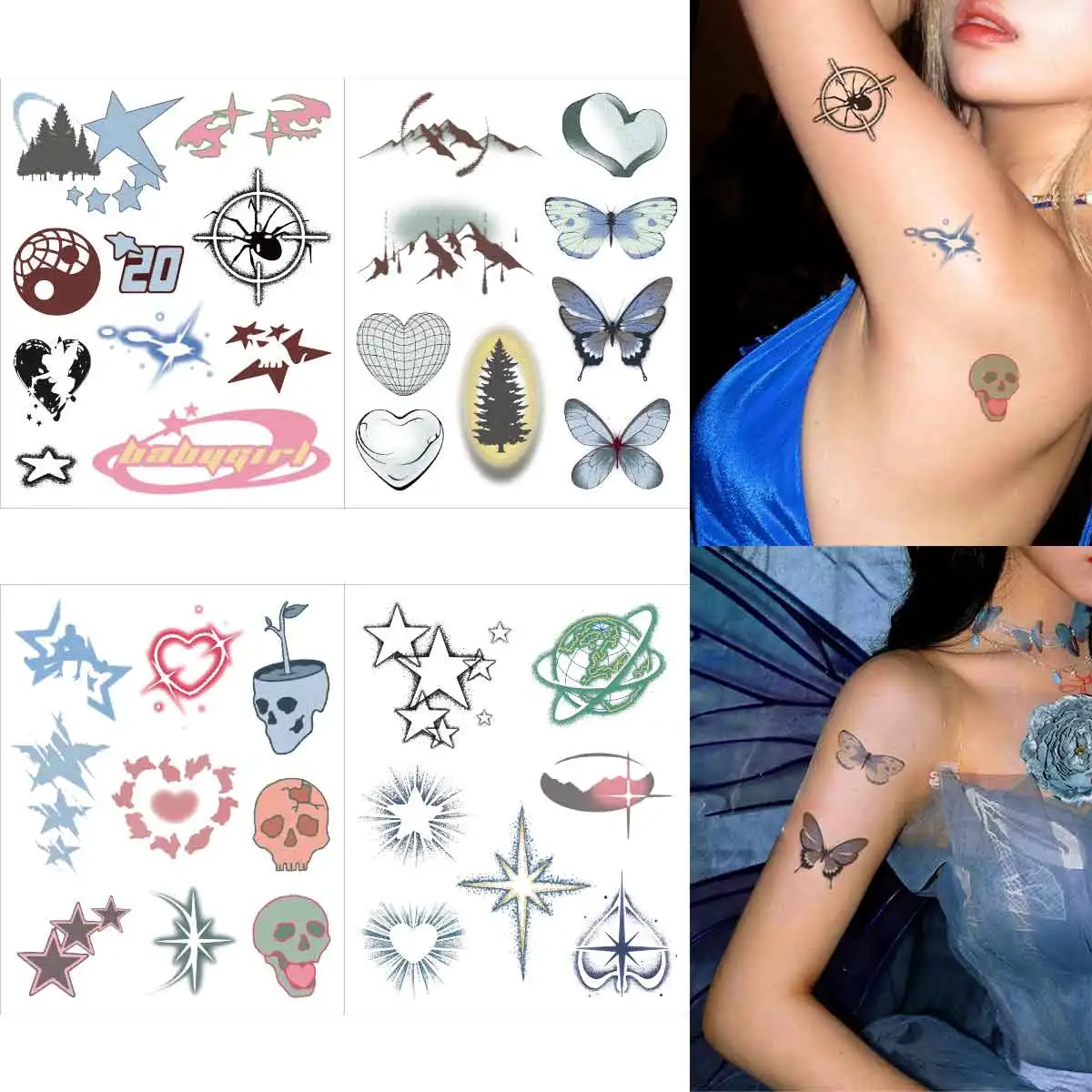 

4pcs Creative Star Totem Design Temporary Tattoo Sticker Colorful Skull Butterfly Lasting Waterproof Tattoos Body Art for Women