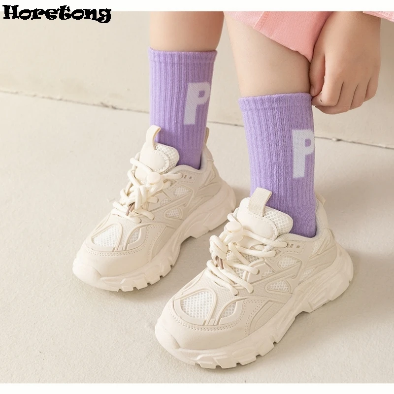 Horetong 5 Pairs/Lot Children\'s Fashion Letters For Girls Kids Autumn Comfortable Sports Casual School Cotton Middle Tube Socks