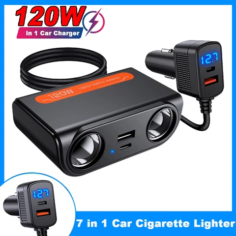 120W Car Charger Splitter Multi Ports PD USB Socket Cigarette Lighter Adapter Car Fast Charge Socket Adapter With LED Voltmeter