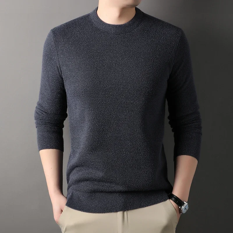 Winter men\'s round neck thickened sweater knitted pullover solid color long sleeved casual daily warm coat