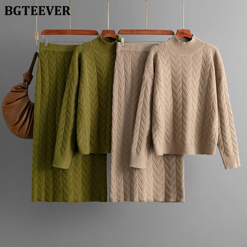 

BGTEEVER Elegant Warm Ladies 2 Pieces Knitted Set Long Sleeve Turtleneck Sweaters & High Waist Straight Skirts Autumn Winter