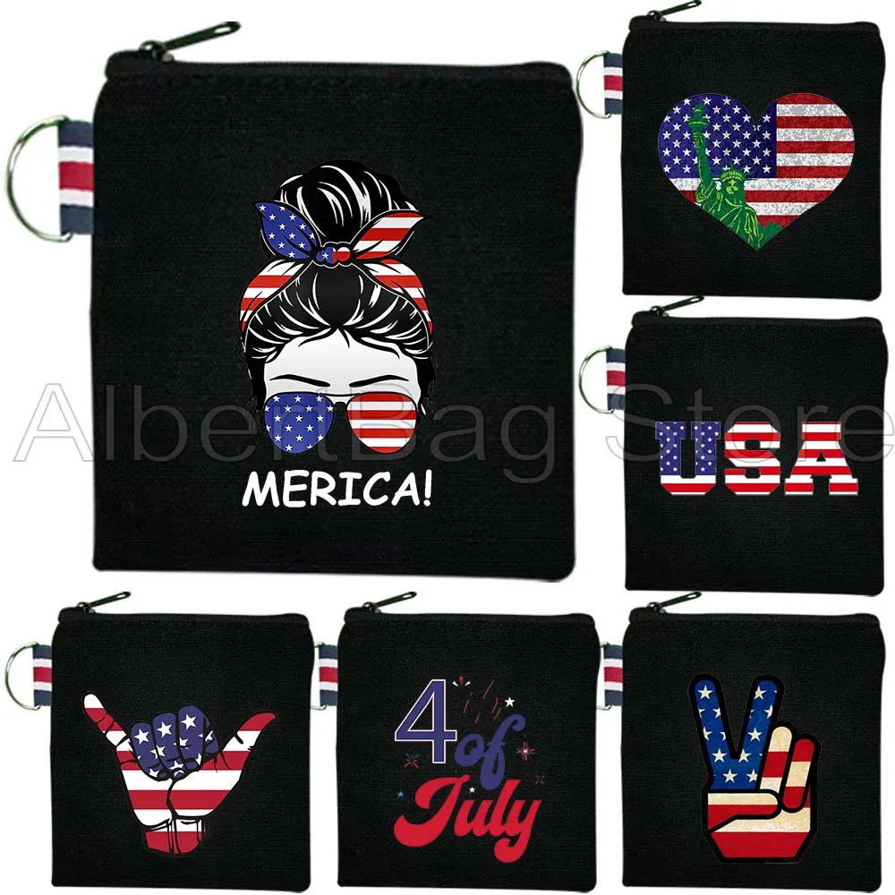 

USA American Flag 4th of July Heart Flag Statue of Liberty Gift Canvas Coin Purse Small Key Storage Card Bag Cotton Wallet Pouch