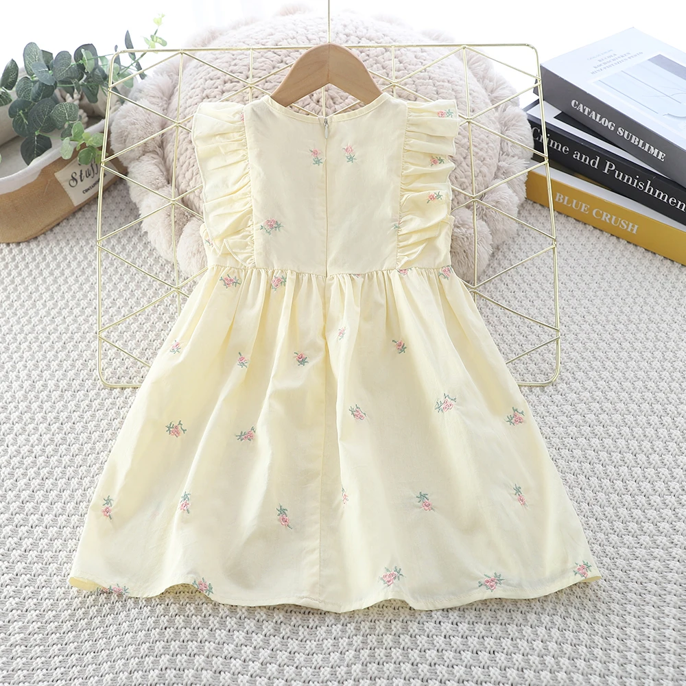 Sommer Mädchen Einfarbig Fliegende Ärmel Prinzessin Kleid Rundhals Gestickte Casual Kleid Kinder Kleidung