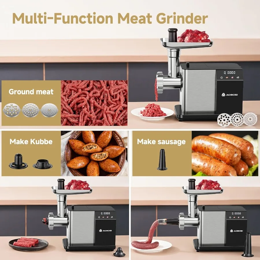Electric Meat Grinder 3000W Max with Touch Color Screen AutoReverse Function and Builtin Storage for Home Kitchen Use 3 Speed S
