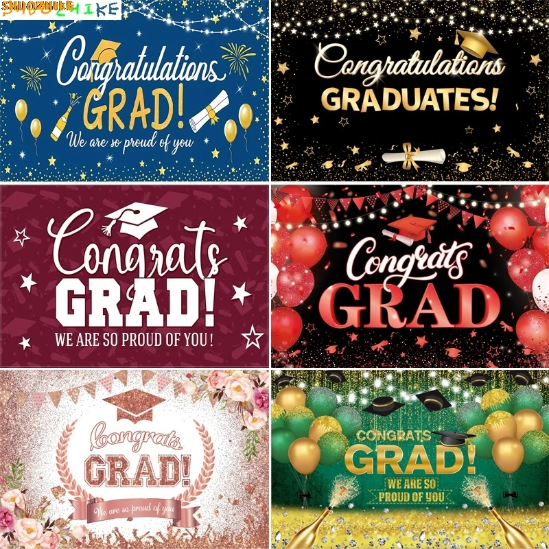 

Black Gold Graduation Background Grad Ceremony Party Decorations Bachelor Hat Glitter Balloons Class Photography Backdrops JM-02
