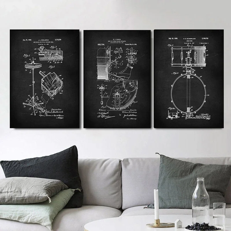 Drummer Art Cymbal Drum Patent Snare Drum Percussion Art Room Wall Design Decor Canvas Poster Aesthetics Sofa Bedroom Picture