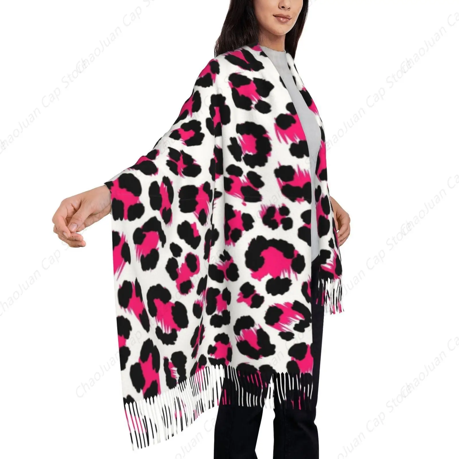 

Pashmina Scarf with White Pink Cheetah Leopard Print - 77" x 27" Everyday Pashmina Travel Wrap and Shawl with Tassel