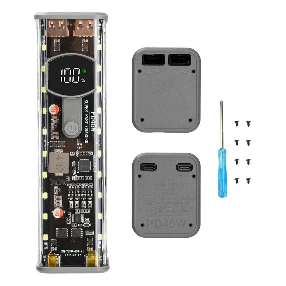 

Прозрачный чехол для аккумулятора 45 Вт, 8*18650, электронный комплект «сделай сам», со световым цифровым дисплеем, коробка для хранения аккумулятора с быстрой зарядкой, USB TypeC