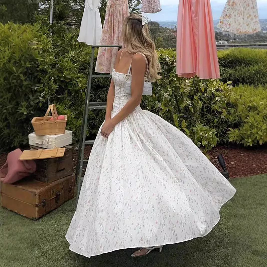 Ropa de mujer Sexy ajustado blanco Floral puro viento vestido largo Spice Girl vestido con tirantes verano mujer alto sentido