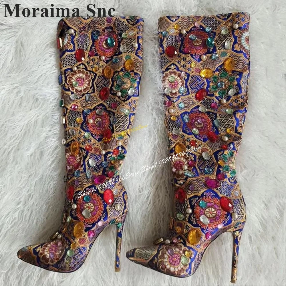 Stylish Knee High Mixed Crystal Embroider Boots Thin High Heel Women Shoes Slip On Pointed Toe 2024 Fashion Zapatos Para Mujere