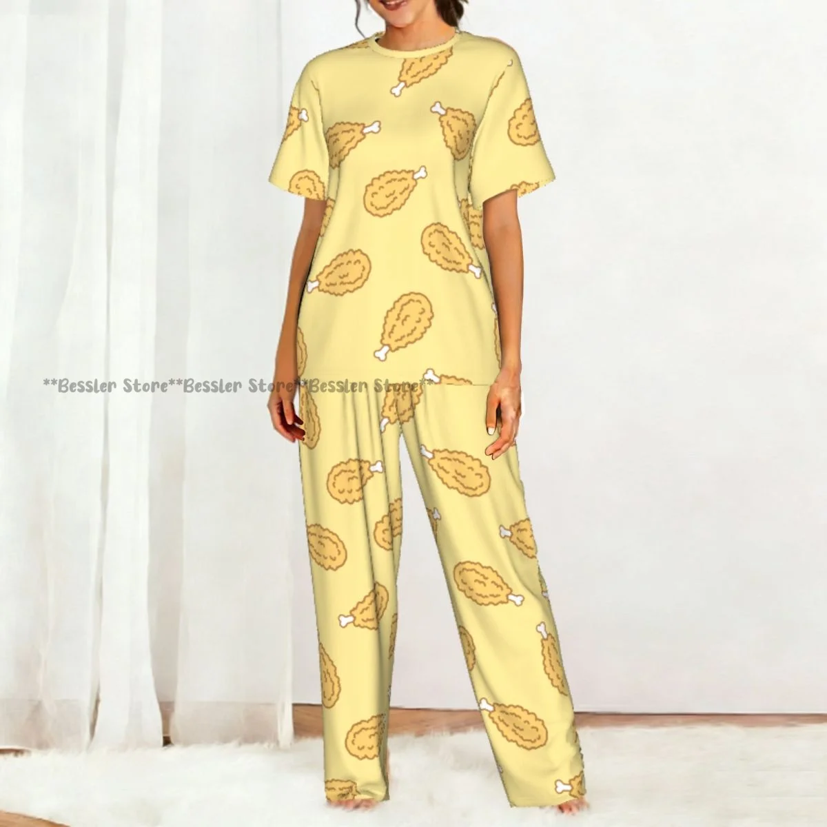 Women Pajama Sets Lounge Sleepwear Crispy Fried Chicken Pattern Short Sleeve Nightwear view 5