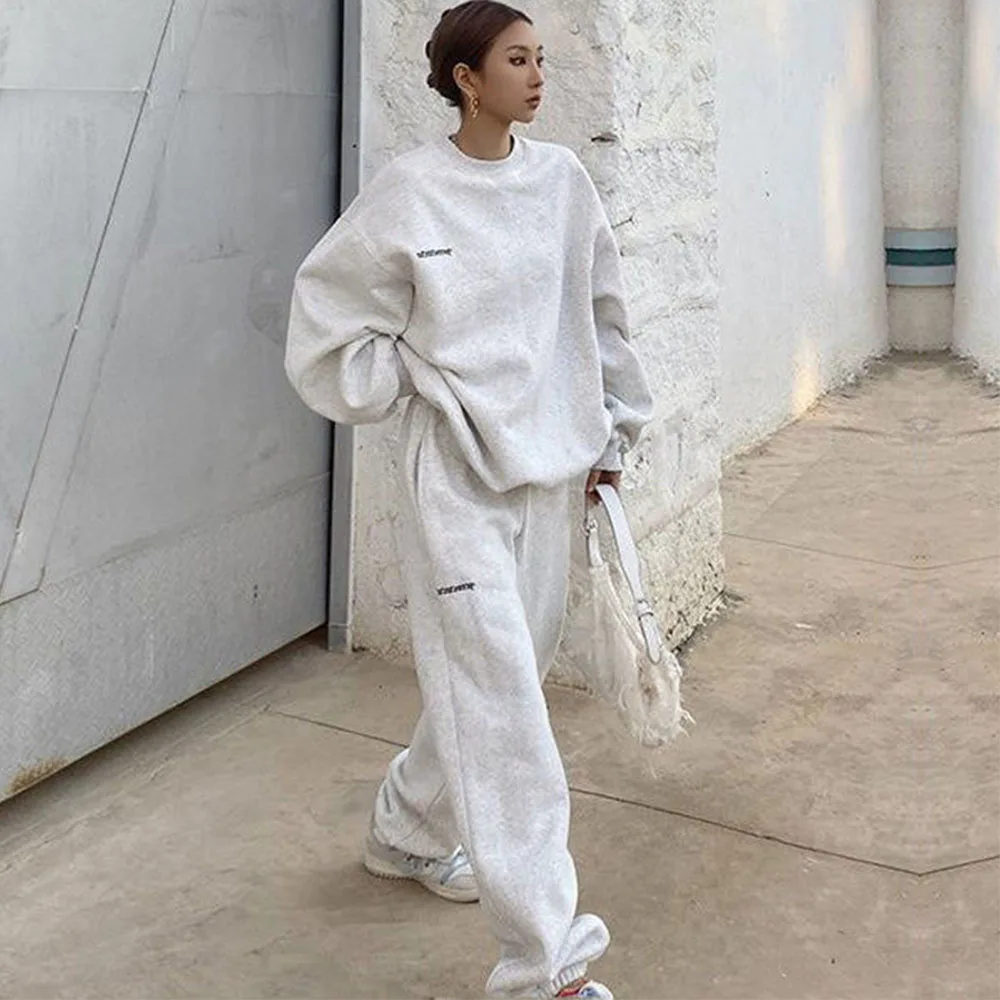 

2Pcs Women Hoodies Suit Embroidery Letter Pullover Oversize Sweatershirt+High Waist Solid Jogger Pants Female Warm Sporty Sets