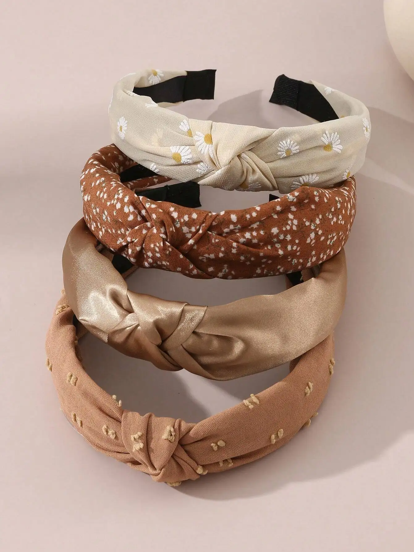 

4pcs Women Daisy Floral Print Headband Set, Simple & Elegant Brown Tones, Suitable For Everyday Wear In Autumn/Winter ,Hair