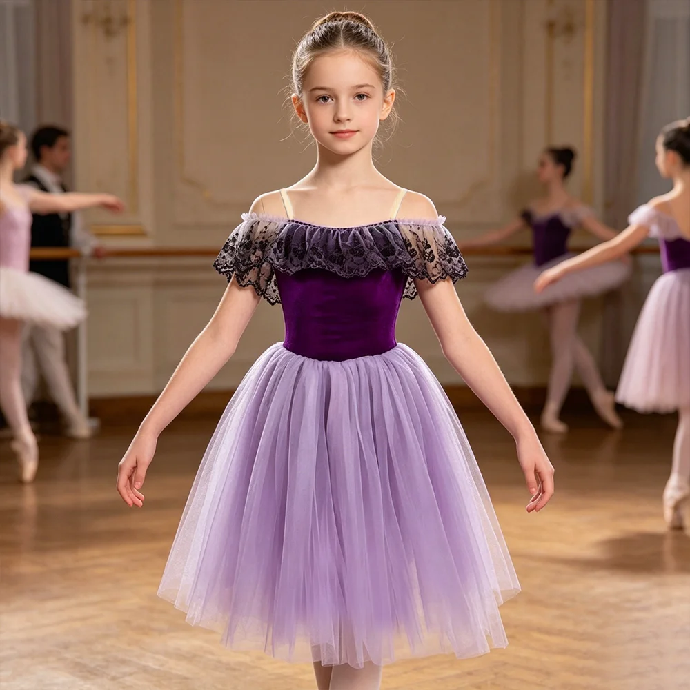 

Purple Children's Adults Ballet Dress High Quality Long Tulle Performance Skirt with Velvet Bodice for Dance Competition