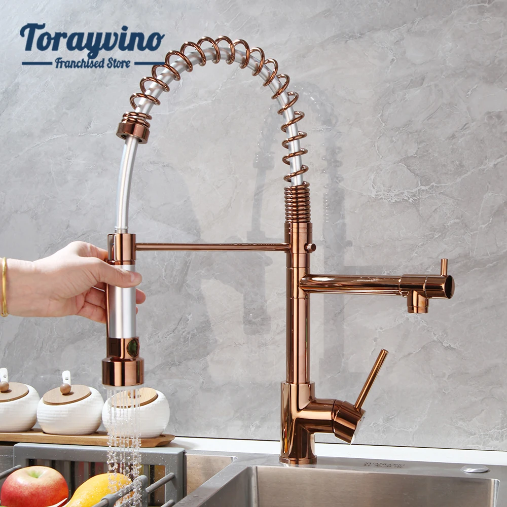 

Torayvino Kitchen Sink Faucet Deck Mounted Dual Spout Rose Gold Rainfall Pull Out With 360°Swivel Stream Hot And Cold Mixer Taps