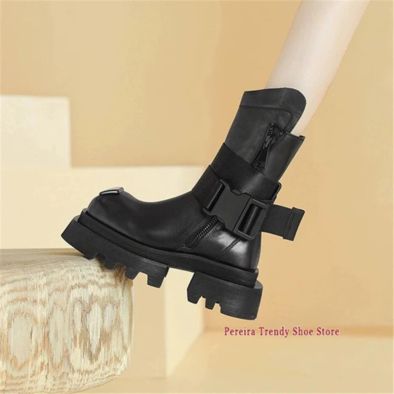 Square Toe Thick Soled Motorcycle Boots Couple Casual Shoes Autumn Winter Men Women Black Leather Buckle Platform Short Boots view 4