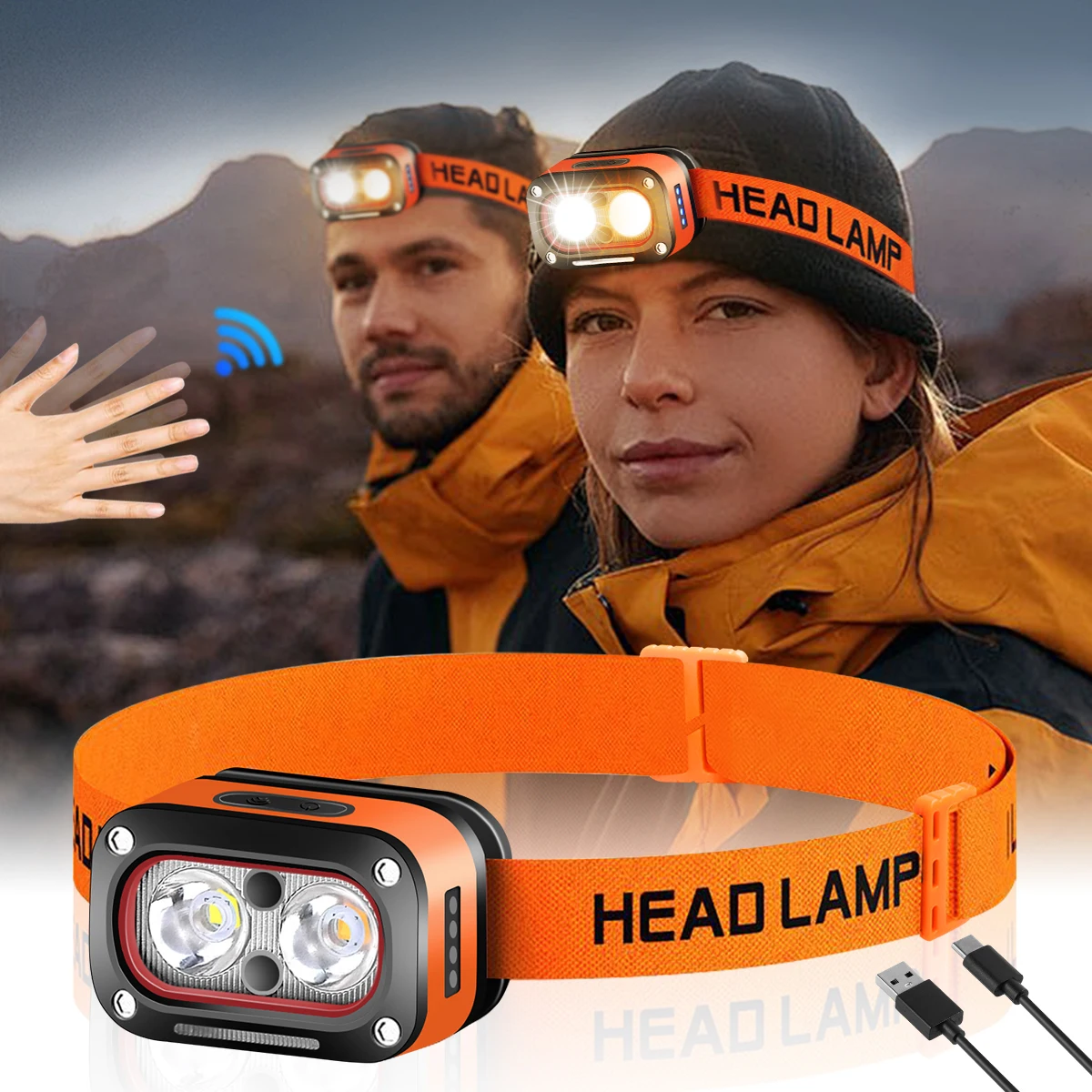 Rechargeable LED Headlamp 4/5 Modes Head Lamp with Motion Sensor Type-C USB Charging Headlamps Suitable for Night Running Hiking