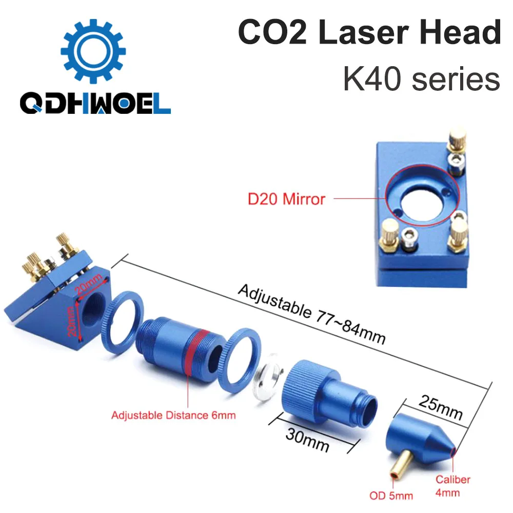 QDHWOEL CO2 Laser Head For K40 Series Laser Engraving Cutting Machine Lens Dia 12/15/18mm Focal Length 50.8mm Mirror 20mm