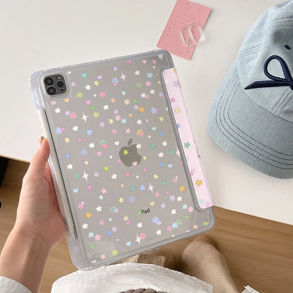 Ins Gentle Pink Colorful Star Y2K Y-Fold Cover For iPad Pro 13 11th M5 M4 12.9 A16 10 8 7 9th 10th Air 11 M2 M3 Mini Tablet Case