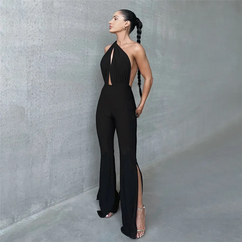 

2025 Autumn New Women's Clothing Neck Sexy Hollowed-out Backless Slim Jumpsuit Split Jump Suits Plus Size 3XS-3XL