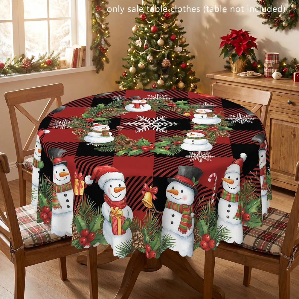 Christmas snowman and buffalo checked round tablecloth