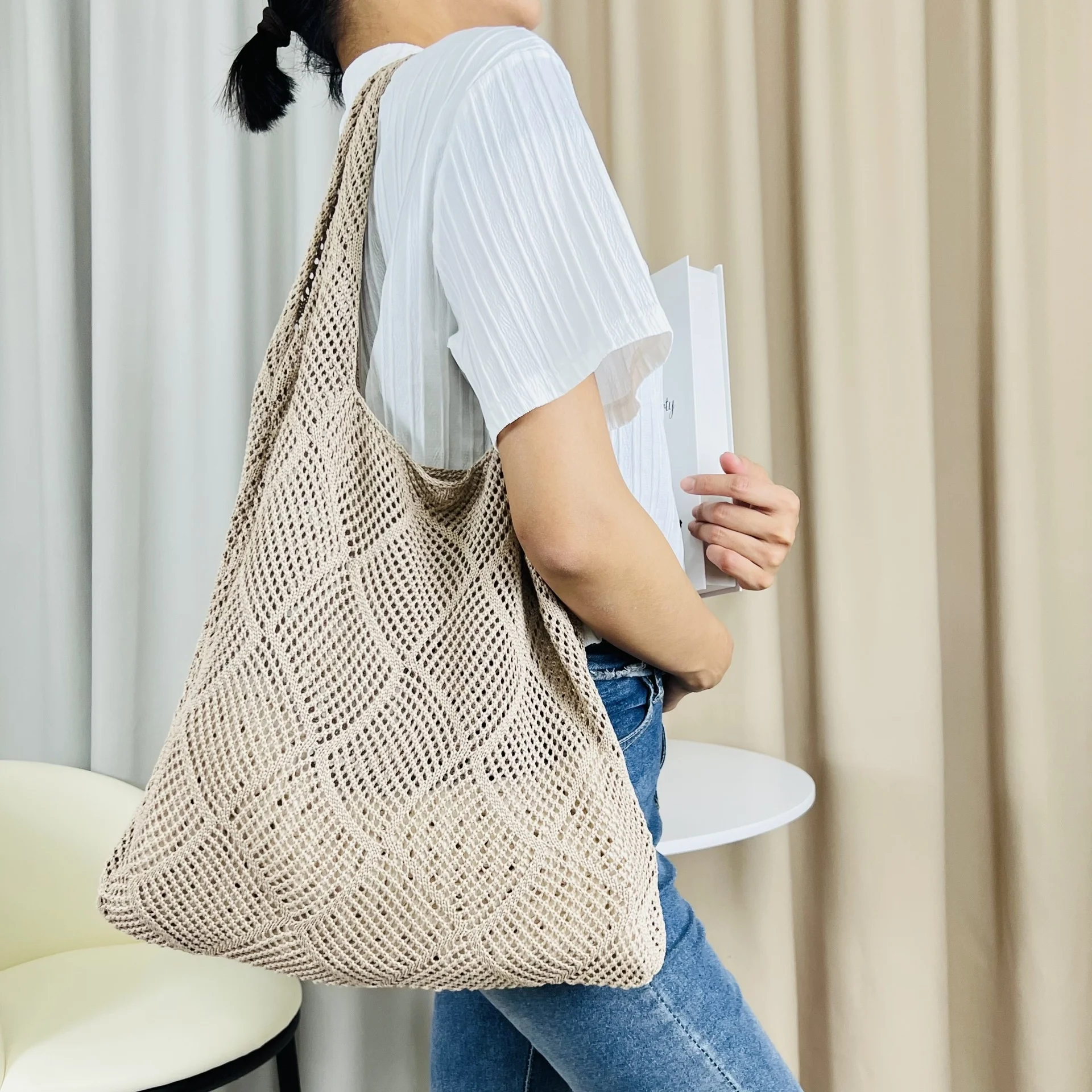 2023 New Bag, Japanese And Korean Tote Bag, Solid Color Bag, Knitted Bag, Hollow Bag, Woven Bag, Women's Bag Trend